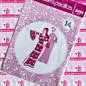 May include: A vintage sewing pattern for a long, flowing dress with bell sleeves. The pattern is for size 14 and is from Patterns Pacifica. The pattern features two women wearing the dress, one with a floral print and the other in a solid color.