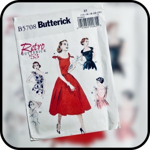Butterick 5708 reproduktionsklänning från 1950-talet med knytband i flera stilar och hel kjol, sömnadsmönster i flera storlekar