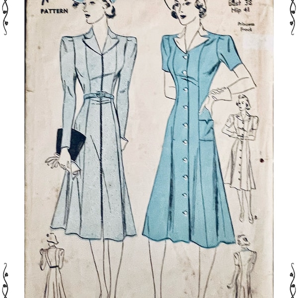 1930s Vintage ADVANCE 2210 Princess frock Long or short dress with slide or button front opening sewing pattern BUST 38