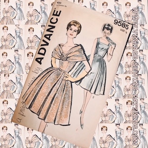 Puede incluir: Patrón de costura vintage para un vestido con un gran lazo en el escote. El patrón es de Advance, una impresión de Home, y es talla 18. El número del patrón es 9585.