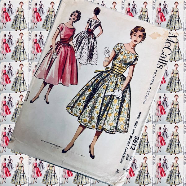 1950s vintage McCalls 3612 full skirt dress with attached cummerbund- shirt sleeve dart shaped bodice  sewing pattern Bust 30