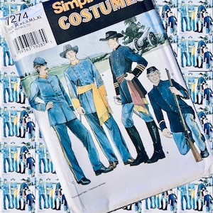 May include: A vintage sewing pattern titled "Simple Costumes" featuring illustrations of Civil War era uniforms. The pattern includes sizes XS to XL. The cover art depicts four figures in blue coats and pants with yellow and red accents.