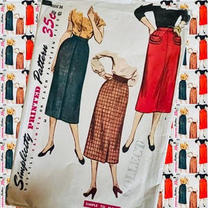 May include: Vintage sewing pattern for a skirt. The pattern is printed on white paper with a red, black, and white illustration of three women wearing different skirts. The text on the pattern reads "Simplicity Printed Pattern 35c Details Printed One Each Pattern Piece Simple To Make Collect".