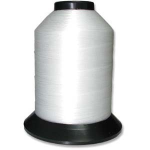 May include: A large spool of white thread with a black base and cap. The thread is tightly wound, and the spool has a conical shape. The image is well-lit, showing the texture of the thread.