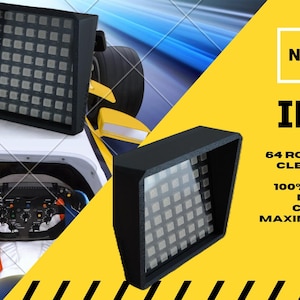 May include: A black IFLAG device with a 64 RGB LED matrix, displayed in front of a race car. The device has a clean and neat style, is 100% adjustable, and USB compatible. The text "NEW DESIGN" is visible.
