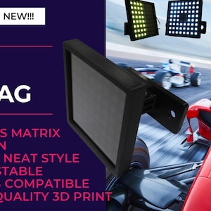 May include: A black 3D printed racing flag display with 64 RGB LEDs. The display is mounted on a black stand and is shown in front of a red race car. The text "IFLAG SIMFLAG" is displayed on the left side of the image. The text "NEW!!!" is displayed in the upper left corner of the image. The text "64 RGB LEDS MATRIX", "SLIM DESIGN", "CLEAN AND NEAT STYLE", "100% ADJUSTABLE", "NATIVE USB COMPATIBLE", and "MAXIMUM QUALITY 3D PRINT" is displayed below the text "IFLAG SIMFLAG".