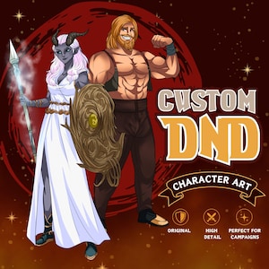 Puede incluir: Ilustración digital de dos personajes de fantasía. Una mujer con un vestido blanco y un hombre flexionando su bíceps. Se muestra el texto "CUSTOM DND CHARACTER ART". La obra de arte está sobre un fondo rojo oscuro.