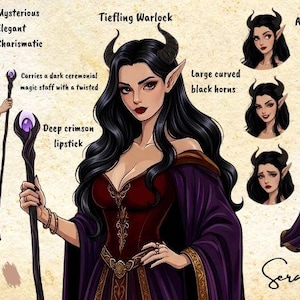 Op de afbeelding: Een karakterontwerpblad voor een Tiefling Warlock genaamd Seraphina, met lang zwart haar, grote gebogen zwarte hoorns en puntige oren. Ze draagt een donkerrode jurk met een paarse mantel en houdt een donkere staf met een paarse bol vast.