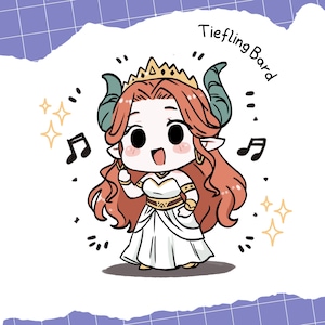 Puede incluir: Ilustración de dibujos animados de un personaje de Bardo Tiefling. El personaje tiene cabello rojo, cuernos verdes y una corona dorada. Viste un vestido blanco con detalles dorados y está rodeada de notas musicales y estrellas.