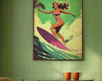Vintage Surf Girl Print, Retro Beach Art, 70&#39;s Surf Poster, Pin Up Surfer Wall Art, Coastal Decor, Tropical Aesthetic Print