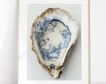 Chinoiserie Oyster Art Print, Vintage Blue and White Botanical Rustic Coastal Decor for Beach lovers, Beachy Wall Art Print, Gift for Host