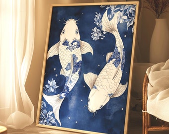 Japandi Koi Fish Art Print: Blue and White Chinoiserie (Digital Download)