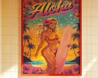 Aloha Surf Girl Vintage Pop Art, Vintage Surf Poster, Retro Beach Wall Art, Pink Hibiscus Flower Print, Hawaiian Aesthetic Tropical Decor
