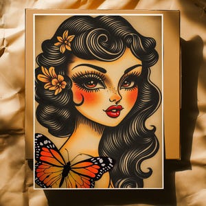 Traditional Tattoo Wall Art, Traditional Retro Artwork of Woman in American Tattoo Style, Beautiful Gift for Tattoo Artist and Tattoo Lovers