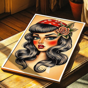 Traditional Tattoo Wall Art, Traditional Retro Artwork of Woman in American Tattoo Style, Beautiful Gift for Tattoo Artist and Tattoo Lovers