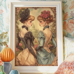 Descarga digital de damas victorianas, decoración de pared con retrato neoclásico, póster ilustrativo victoriano, regalo lésbico, arte sáfico vintage