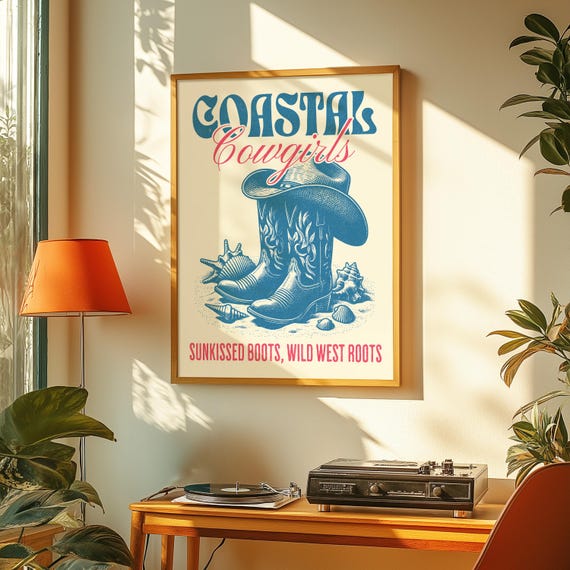 Vintage Coastal Cowgirl Art Print: Beachy Western Decor (Digital Download)