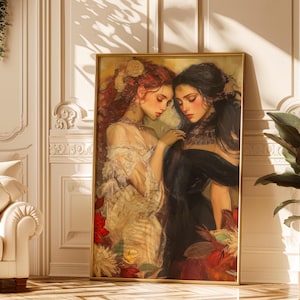 Romantic Sapphic Art Print, Gothic Cottagecore Lesbian Wall Art, WLW Printable Wall Decor Poster, Lesbian Wedding Gift, Queer Love Artwork
