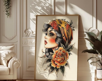 Traditional Tattoo Art Print: Retro Pin-Up Girl (Digital Download)