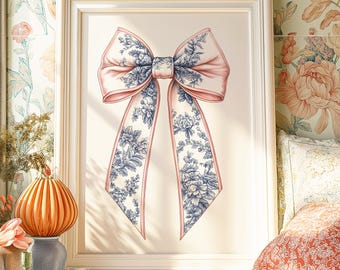 Toile de Jouy Bow Print: Coquette Chinoiserie Wall Art (Descarga digital)