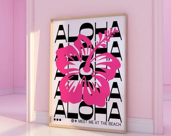 Aloha Typography Digital Print, Pink Hibiscus Wall Art, Hawaiian Theme Print, Tropical Posters For Bedroom, Maximalist Tropical Poster Art