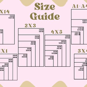 May include: A size guide for prints, showing different sizes in inches and centimeters. The sizes range from 1x1 to 11x14 inches. The guide also includes A1 and A4 paper sizes.