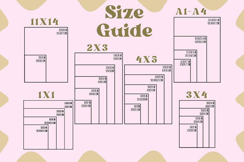 May include: A size guide for prints, showing different sizes in inches and centimeters. The sizes range from 1x1 to 11x14 inches. The guide also includes A1 and A4 paper sizes.