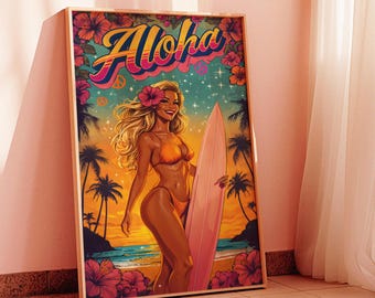 Póster de surf vintage: Arte mural playero estilo cómic (descarga digital)