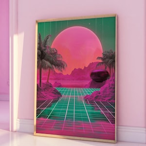 Vaporwave Digital Print, Vaporwave Art, Vaporwave Poster, Vaporwave Aesthetic, Retro Futuristic, Moon Painting, Liminal Space Room Decor