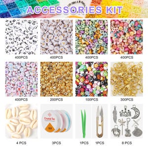 May include: A kit of colorful beads, charms, and other accessories for making jewelry. The kit includes 400 white letter beads, 400 colorful letter beads, 400 white letter beads, 200 gold beads, 100 smiley face beads, 300 gold jump rings, 4 white seashells, 3 spools of thread, 1 pair of tweezers, 1 pair of scissors, and 8 silver charms.