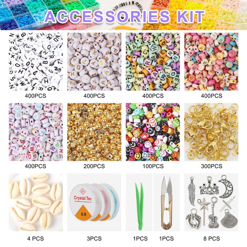 May include: A kit of colorful beads, charms, and other accessories for making jewelry. The kit includes 400 white letter beads, 400 colorful letter beads, 400 white letter beads, 200 gold beads, 100 smiley face beads, 300 gold jump rings, 4 white seashells, 3 spools of thread, 1 pair of tweezers, 1 pair of scissors, and 8 silver charms.
