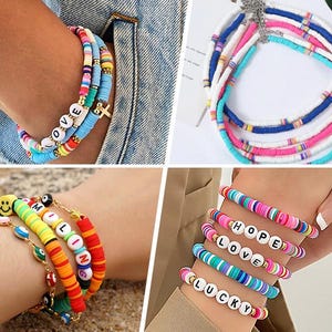 May include: Colorful beaded bracelets with letter and word charms, including "LOVE", "HOPE", "LUCKY", "KISSED", "SUN", "BEACH", "ZAZA", "LOVE", "FREE", "KOREA", and "SMILEY FACE".