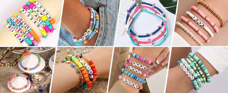 May include: Colorful beaded bracelets with letter and word charms, including "LOVE", "HOPE", "LUCKY", "KISSED", "SUN", "BEACH", "ZAZA", "LOVE", "FREE", "KOREA", and "SMILEY FACE".