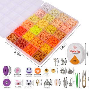 May include: A clear plastic storage box filled with small, colorful, round beads. The box is 7.48 inches wide and 5.12 inches long. The beads are arranged in 24 compartments. There are also various small metal charms, a roll of string, and a pair of small scissors.
