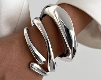 Chunky 14k Gold - Silver Plated Bangle Bracelet Set - Stackable Cuff Bracelets