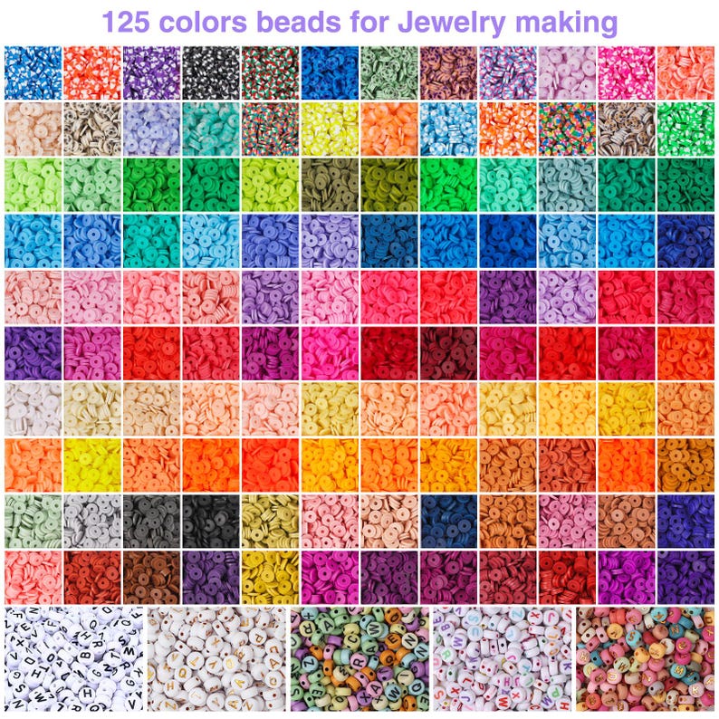 May include: Assortment of 125 colors of round plastic beads for jewelry making. The beads are arranged in a grid pattern, with each color in its own square. There are also three squares of letter beads in white, brown, and multi-colored.