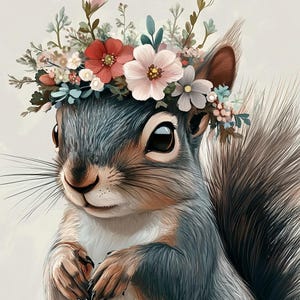 Cute Squirrel Illustration – Printable Art Whimsical Animal Art Print Cottagecore Flowers | Digital Download | Decor | Instant PNG File