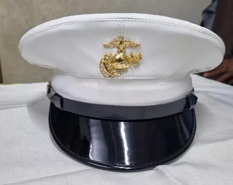 USMC Marine Corps Dress Blue Enlisted Vinyl Service White Dress Cap Hat