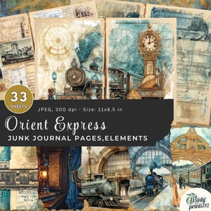 Orient Express Junk Journal Papers e elementos, imprimíveis de artesanato de trem vintage, diário de lixo de trem, orient express, páginas de diário de lixo