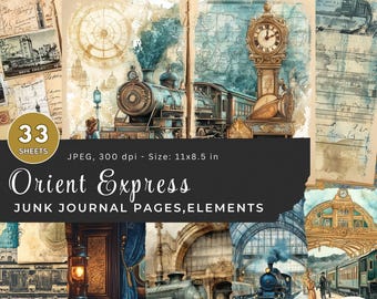 Orient Express Junk Journal Papers and Elements, Vintage Train Crafting Printables, Train Junk Journal, orient express, junk journal pages