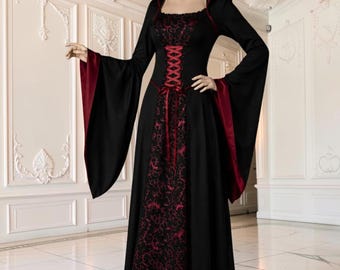 Gothic Vampire Queen Costume for Women, Halloween Dress, Medieval Witch Costume, Dark Queen Cosplay Gown