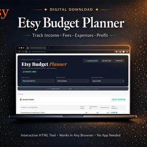 May include: A digital download advertisement for an Etsy Budget Planner. The image shows a laptop displaying the planner's interface, with sections for tracking income, fees, expenses, and profit. The Etsy logo is visible, along with the text "Interactive HTML Tool - Works in Any Browser - No App Needed."