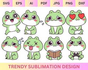 Kawaii Frog Bundle SVG PNG, Cute Frog Emotes Pack, 12 Frog Expressions SVG, Mental Health Frog Clipart, Cricut Cute Frog Designs
