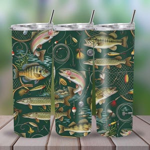 May include: Three cylindrical tumblers with lids and straws, featuring a dark green background patterned with various freshwater fish, including trout, bass, and pike, interspersed with fishing lures, hooks, lines, and netting illustrations.