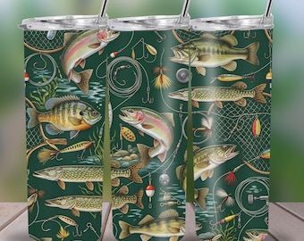 Fishing Tumbler Wrap PNG, 20oz Skinny Tumbler Sublimation Design, Vintage Fish Pattern Wrap, Angler Gift Digital Download