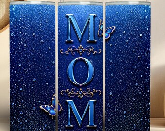 Mom Tumbler Wrap PNG 20oz Skinny, Blue Glitter Sublimation Design, Luxury Mothers Day Gift, Elegant Mom Wrap Digital Download