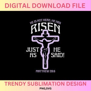 Lui è risorto svg png, Lui non è qui, è risorto png, Matteo 28:6, Pasqua cristiana svg, versetto della Bibbia di Pasqua svg, Lui non è qui stampa