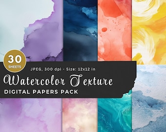 30 Watercolor Texture Digital Papers, Watercolour Backgrounds,Planner Paper Pack, Commercial Use, Scrapbooking & Journaling,Instant Download