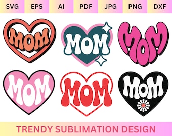Groovy Mom Heart Svg Bundle, Retro Mama Svg Png, Wavy Mom Text SVG, 70s Style Mom Pn, Bubble Letter Heart SVG, Cricut Mothers Day Design