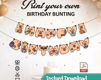 Bandiera di compleanno a tema capibara, download immediato per decorazioni per feste per bambini, ghirlande stampabili a tema animali carini, bandierine, design PDF facile da realizzare